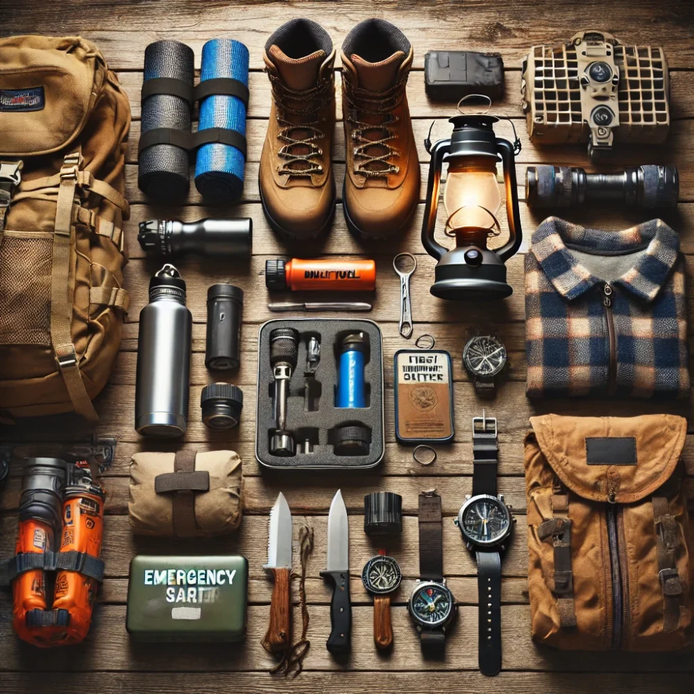 Essential outdoor gear laid out on a wooden surface, including a multi-tool, water filter, fire starter, emergency shelter, first aid kit, headlamp, compass, portable stove, insulated jacket, and backpack, symbolizing preparedness and adventure in the wilderness.