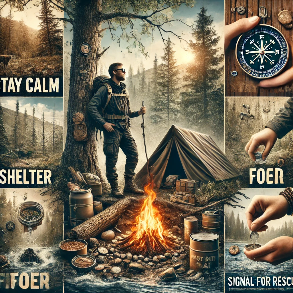 Survival guide collage featuring an experienced outdoorsman in the wilderness, surrounded by key survival skills: staying calm, building shelter, making fire, finding water, foraging food, navigating with a compass, first aid, and signaling for rescue, illustrating essential survival strategies.