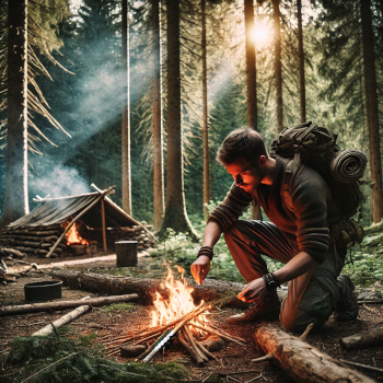 Person practicing survival skills in the wilderness, building a small fire using natural materials, with a makeshift shelter in the background, reflecting resilience and preparedness.